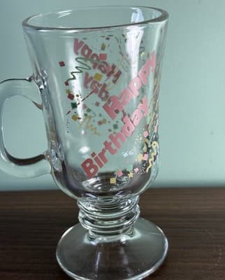 Happy Birthday Vintage 80’s Footed Glass Coffee Cup Pink Yellow Green Confetti - Thumbnail 5