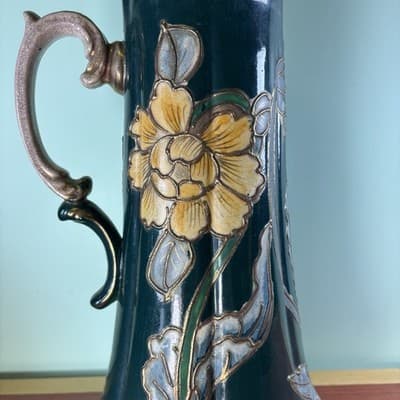 Antique 15 1/4” Porcelain Hand Painted Flowers Pitcher Tankard Raised Gold Vtg - Thumbnail 7