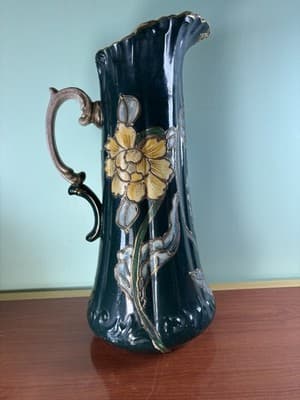 Antique 15 1/4” Porcelain Hand Painted Flowers Pitcher Tankard Raised Gold Vtg - Thumbnail 8