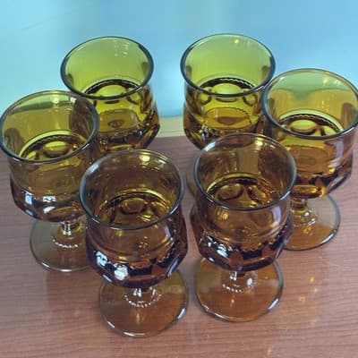 6 Vtg Indiana Kings Crown Amber Glass Thumbprint Cocktail Water Goblet 5 3/4" - Thumbnail 10