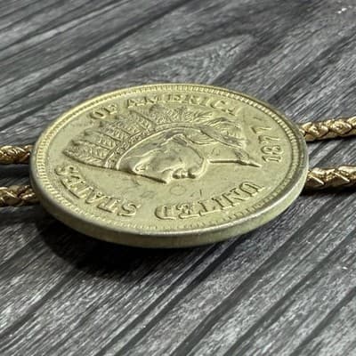 Vintage Gold Tone Indian Head Coin Bolo Tie Necklace 1877 Replica - Thumbnail 5
