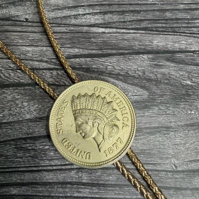 Vintage Gold Tone Indian Head Coin Bolo Tie Necklace 1877 Replica
