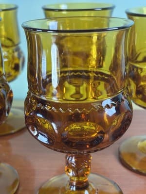 6 Vtg Indiana Kings Crown Amber Glass Thumbprint Cocktail Water Goblet 5 3/4" - Thumbnail 7