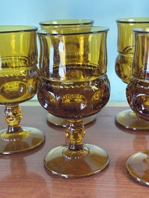6 Vtg Indiana Kings Crown Amber Glass Thumbprint Cocktail Water Goblet 5 3/4" - Thumbnail 2