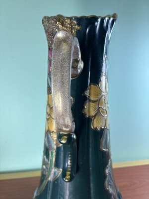 Antique 15 1/4” Porcelain Hand Painted Flowers Pitcher Tankard Raised Gold Vtg - Thumbnail 3