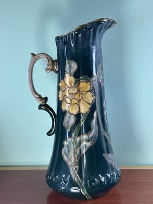Antique 15 1/4” Porcelain Hand Painted Flowers Pitcher Tankard Raised Gold Vtg - Thumbnail 10
