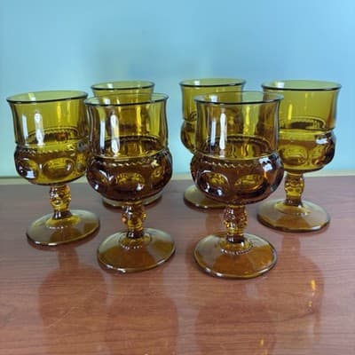 6 Vtg Indiana Kings Crown Amber Glass Thumbprint Cocktail Water Goblet 5 3/4"
