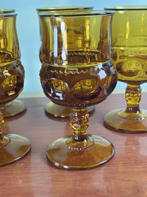 6 Vtg Indiana Kings Crown Amber Glass Thumbprint Cocktail Water Goblet 5 3/4" - Thumbnail 3