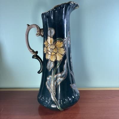 Antique 15 1/4” Porcelain Hand Painted Flowers Pitcher Tankard Raised Gold Vtg - Thumbnail 9