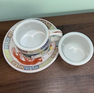 Vintage F.S. Louie Berkeley Oregon Tea Cup Saucer Coffee Mug Dragon Peacock Chip - Thumbnail 2