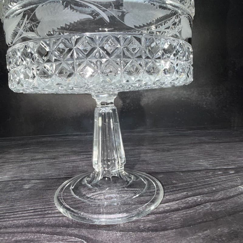 Antique Mascotte Pattern Covered Pedestal Compote with Fern Etching EAPG 1884 - Thumbnail 6
