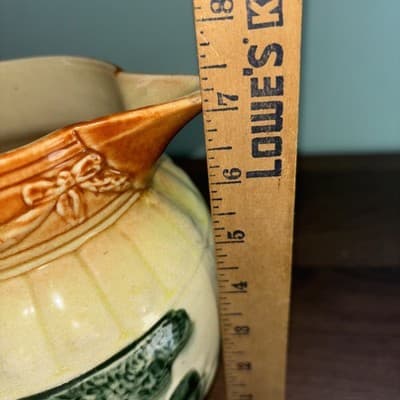 Antique Roseville Yellow ware Woodlands pitcher ca. 1900 glazed farm scene - Thumbnail 16