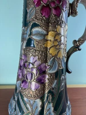 Antique 15 1/4” Porcelain Hand Painted Flowers Pitcher Tankard Raised Gold Vtg - Thumbnail 4