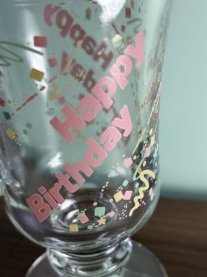 Happy Birthday Vintage 80’s Footed Glass Coffee Cup Pink Yellow Green Confetti - Thumbnail 4