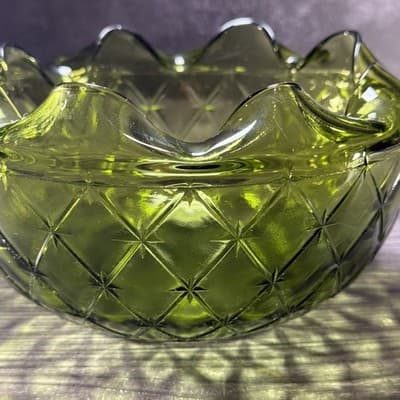 Vintage Green Glass Bowl "Quilted Duette" Produced From The 1950s To The 1970s. - Thumbnail 8