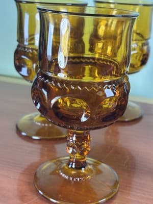 6 Vtg Indiana Kings Crown Amber Glass Thumbprint Cocktail Water Goblet 5 3/4" - Thumbnail 9
