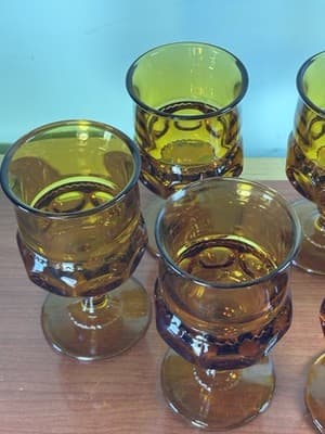 6 Vtg Indiana Kings Crown Amber Glass Thumbprint Cocktail Water Goblet 5 3/4" - Thumbnail 4