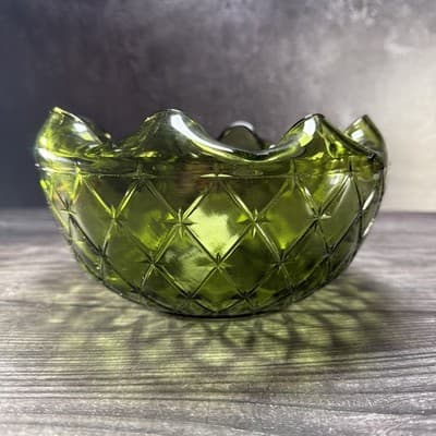 Vintage Green Glass Bowl "Quilted Duette" Produced From The 1950s To The 1970s. - Thumbnail 2