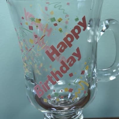 Happy Birthday Vintage 80’s Footed Glass Coffee Cup Pink Yellow Green Confetti - Thumbnail 2