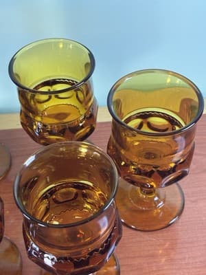 6 Vtg Indiana Kings Crown Amber Glass Thumbprint Cocktail Water Goblet 5 3/4" - Thumbnail 5