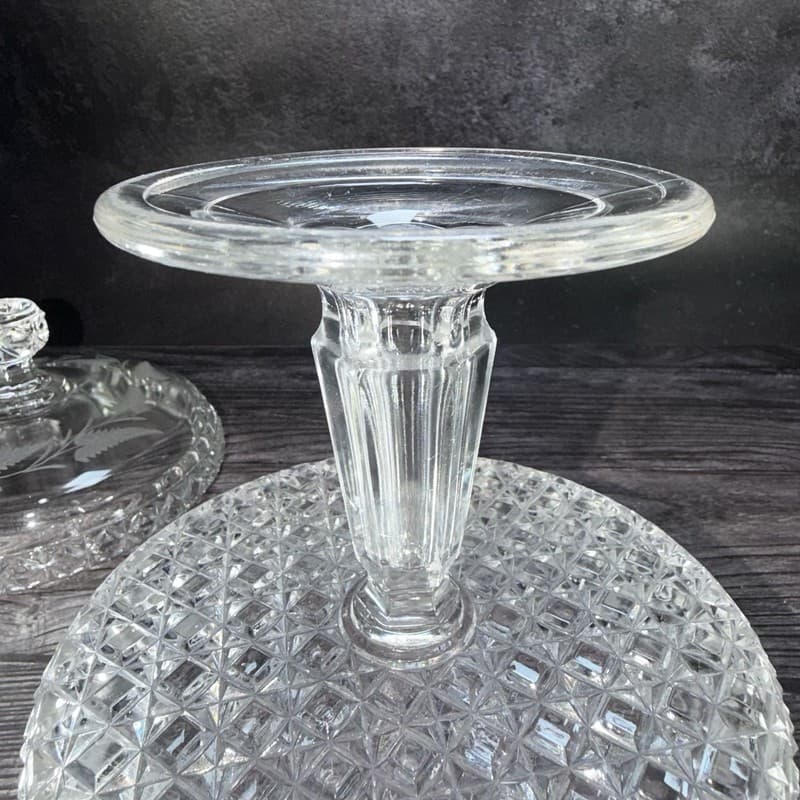 Antique Mascotte Pattern Covered Pedestal Compote with Fern Etching EAPG 1884 - Thumbnail 18