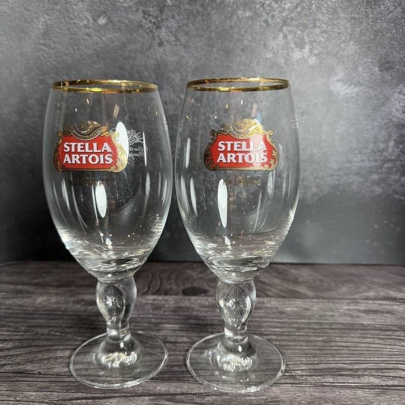 Pair of Stella Artois 33cl Gold Rimmed Beer Chalice Glasses