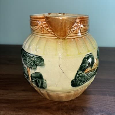 Antique Roseville Yellow ware Woodlands pitcher ca. 1900 glazed farm scene - Thumbnail 5