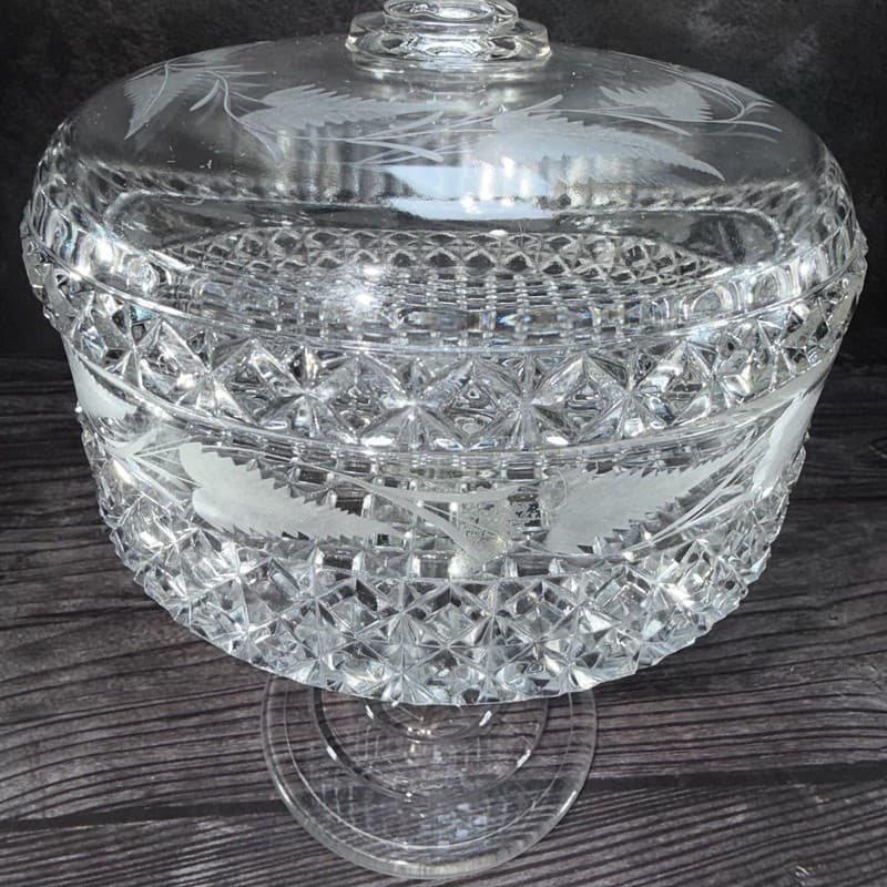 Antique Mascotte Pattern Covered Pedestal Compote with Fern Etching EAPG 1884 - Thumbnail 12