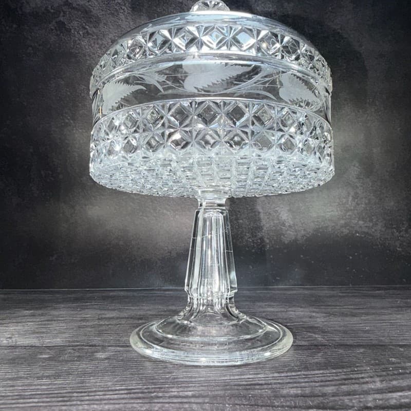 Antique Mascotte Pattern Covered Pedestal Compote with Fern Etching EAPG 1884 - Thumbnail 13