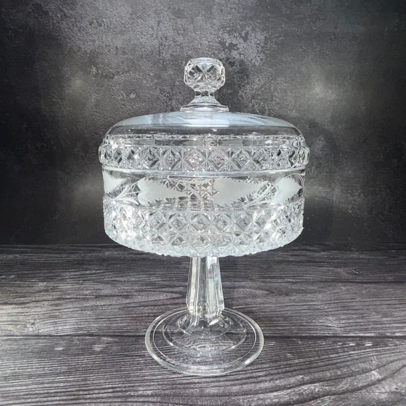 Antique Mascotte Pattern Covered Pedestal Compote with Fern Etching EAPG 1884 - Thumbnail 10