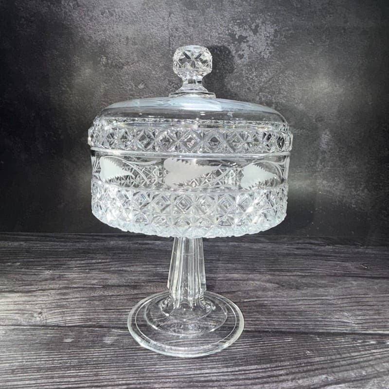 Antique Mascotte Pattern Covered Pedestal Compote with Fern Etching EAPG 1884 - Thumbnail 8