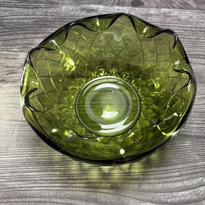 Vintage Green Glass Bowl "Quilted Duette" Produced From The 1950s To The 1970s. - Thumbnail 3
