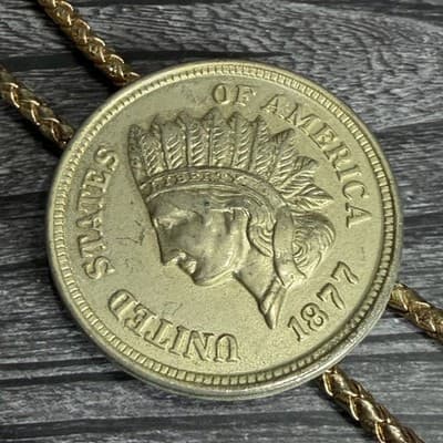 Vintage Gold Tone Indian Head Coin Bolo Tie Necklace 1877 Replica - Thumbnail 6