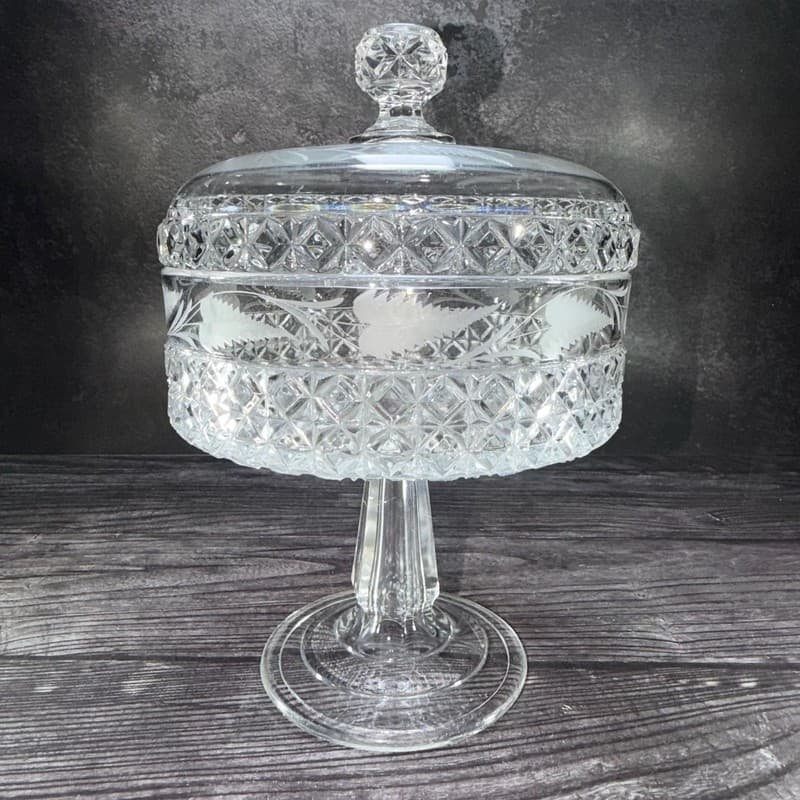 Antique Mascotte Pattern Covered Pedestal Compote with Fern Etching EAPG 1884 - Thumbnail 9