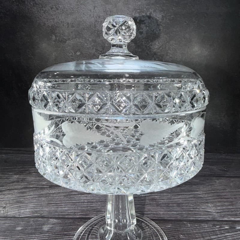 Antique Mascotte Pattern Covered Pedestal Compote with Fern Etching EAPG 1884 - Thumbnail 5