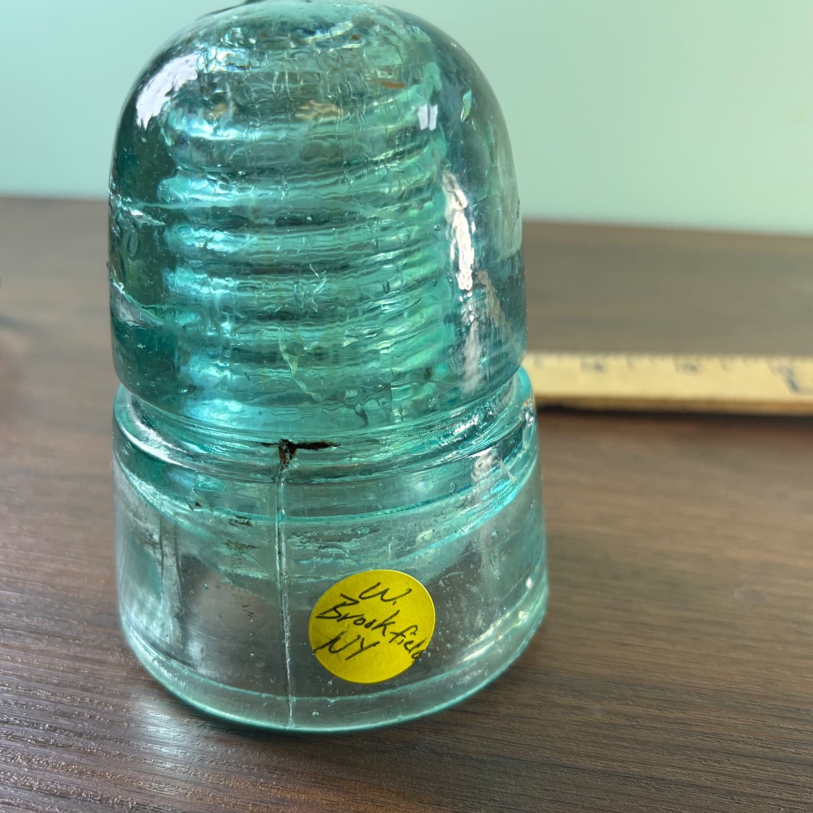 W Brookfield 45 Cliff Street Telegraph Insulator Aqua Blue W Bubbles Beehive - Thumbnail 5