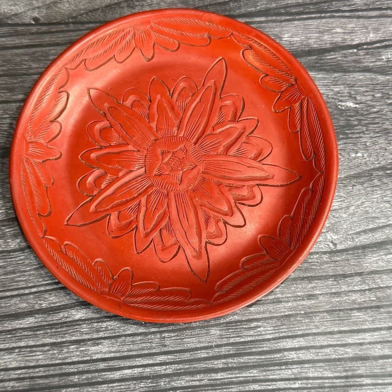 Vintage Carved Red Cinnabar Lacquer Floral Mini Saucer Plate 4”