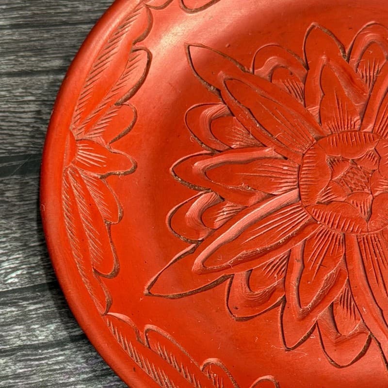 Vintage Carved Red Cinnabar Lacquer Floral Mini Saucer Plate 4” - Thumbnail 5