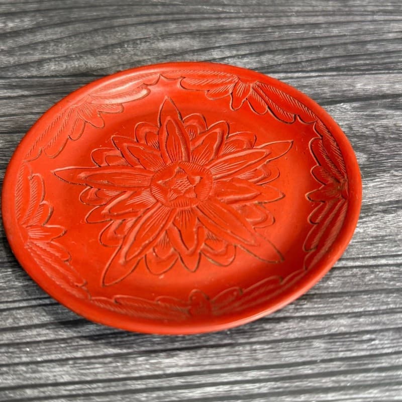 Vintage Carved Red Cinnabar Lacquer Floral Mini Saucer Plate 4” - Thumbnail 10