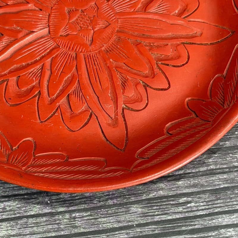 Vintage Carved Red Cinnabar Lacquer Floral Mini Saucer Plate 4” - Thumbnail 4