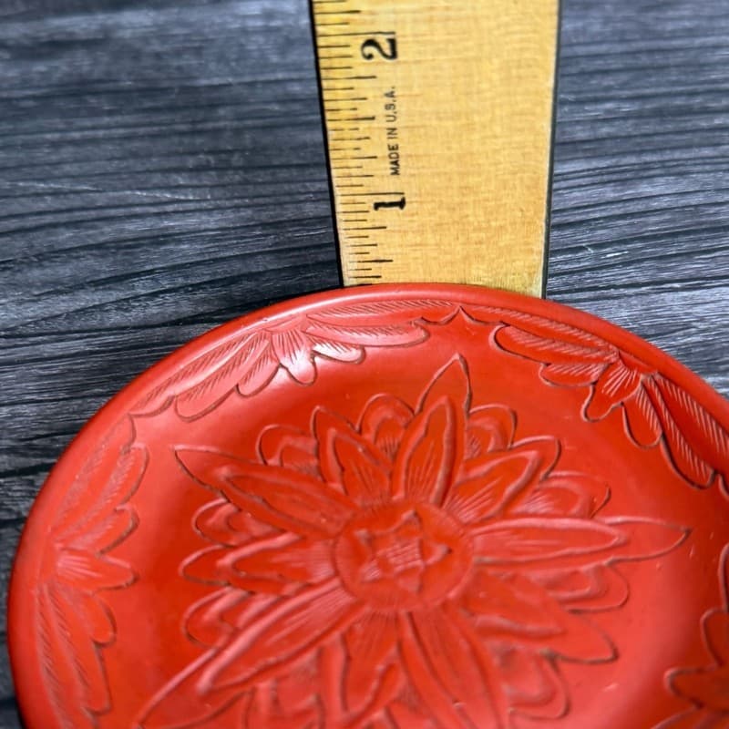 Vintage Carved Red Cinnabar Lacquer Floral Mini Saucer Plate 4” - Thumbnail 8
