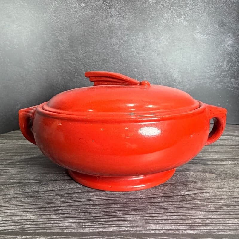 Vintage Hall's Superior Quality Red Sundial Art Deco Covered Casserole Dish