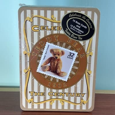 USPS Collectible Stamps Teddy Bear Tin 15 Note Cards Envelopes Factory Sealed