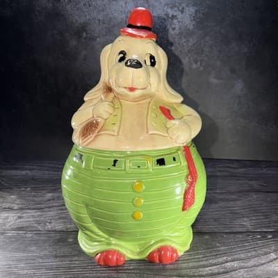Duck Hunter Hound Dog Cookie Jar Vintage Japan Hand Painted 1950s MCM CRACK