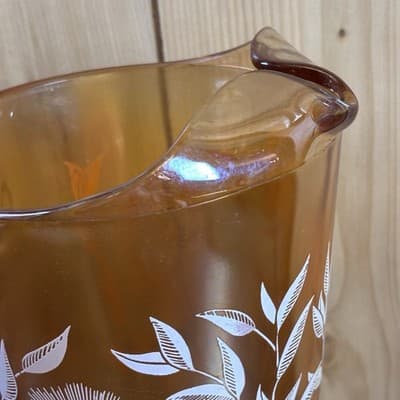 Vintage Jeannette Iridescent Marigold Carnival Glass Pitcher White Floral 10” - Thumbnail 3