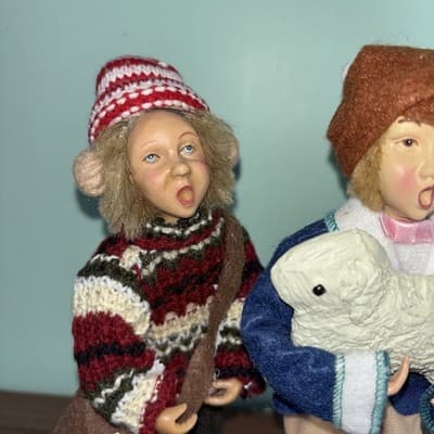 Set Of 3 Male Carolers Singing Man Holding Brass Instrument Sheep 8” Tall - Thumbnail 2