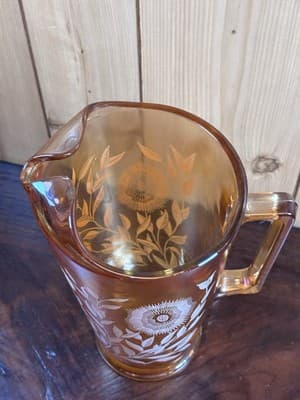 Vintage Jeannette Iridescent Marigold Carnival Glass Pitcher White Floral 10” - Thumbnail 7