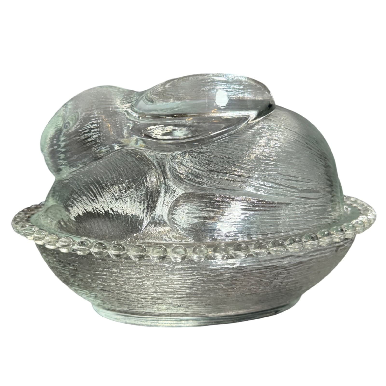 Indiana Glass Clear Rabbit On Nest Covered Candy Dish With Beaded Rim