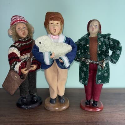 Set Of 3 Male Carolers Singing Man Holding Brass Instrument Sheep 8” Tall