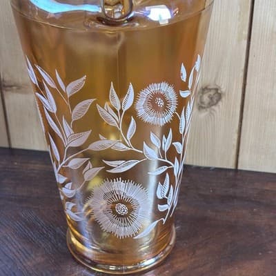 Vintage Jeannette Iridescent Marigold Carnival Glass Pitcher White Floral 10” - Thumbnail 4